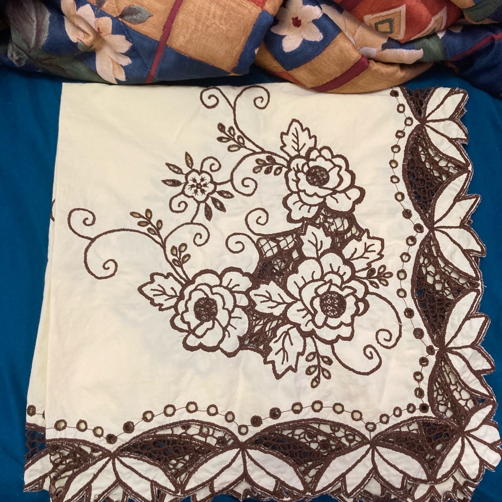 Vintage Floral Embroidered Cream and Brown Tablecloth